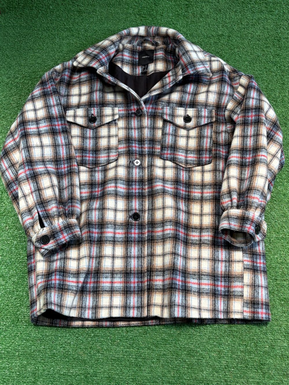 Forever 21 Cream Plaid Button-Front Shirt Jacket with Red & Black Accents